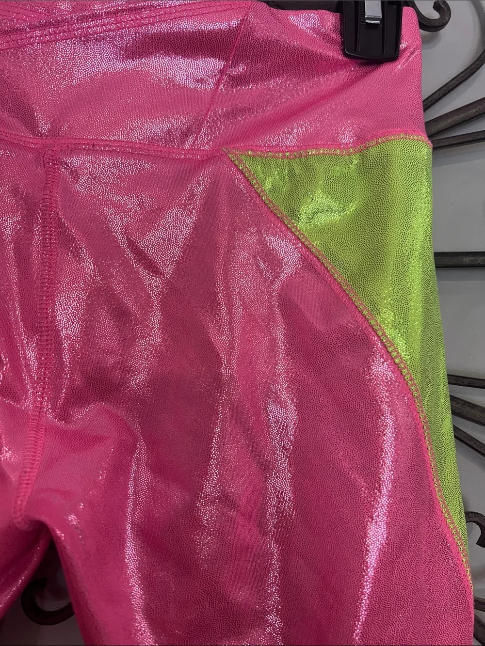 Justice Shiny Hot Pink & Lime Green Colorblock Leggings